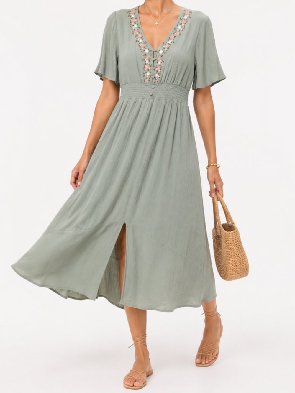 Cottagecore Floral Embroidered Romantic Gauzy Pastel Green Midi Dress [size L]